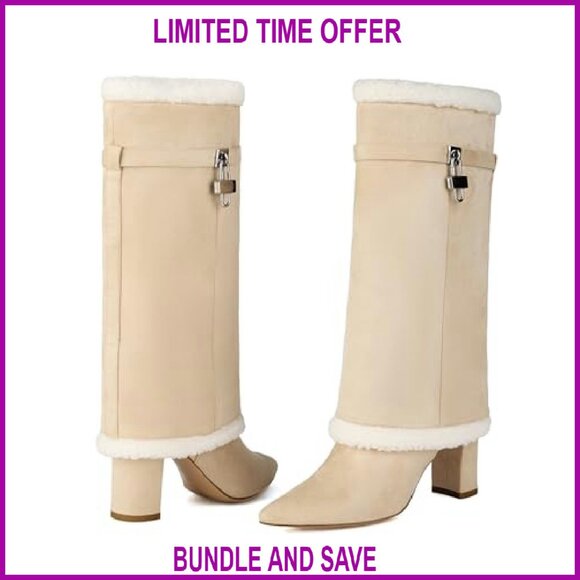 Fold Over Boots with Padlock Mid Calf Pointed Toe Chunky Heel Fur Collar - Picture 5 of 8